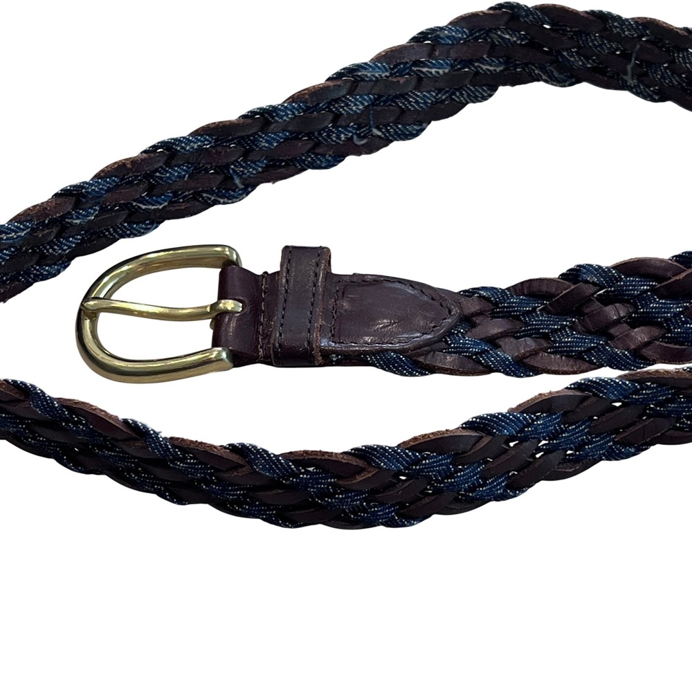 Vintage Brown Braided Leather and Denim Fabric Belt Brass Buckle Size M